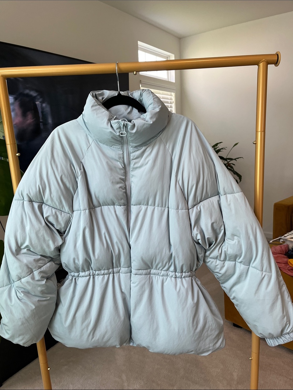 Urban Outfitters Women's Aqua Blue Puffer Jacket with High Collar